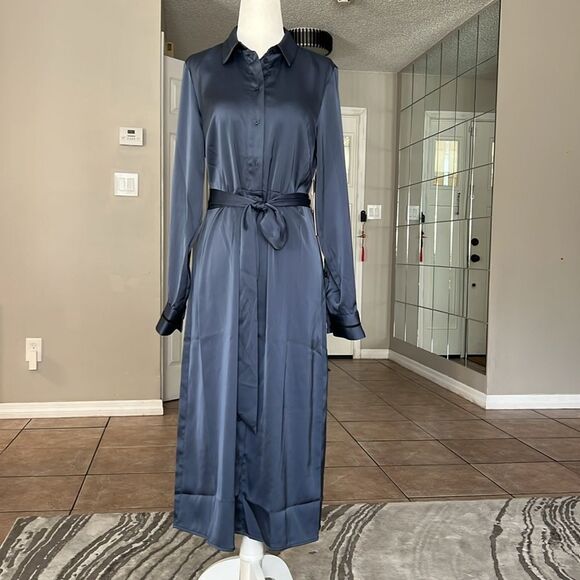 Halogen Long Sleeve Satin Belted Midi Shirtdress - Picture 4 of 13